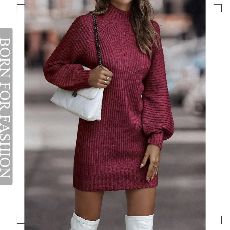 Vintage Winter Knitted Dress Ladies Chic Turtleneck Lantern Long Sleeve Mini Sweater Dresses for Women Clothes