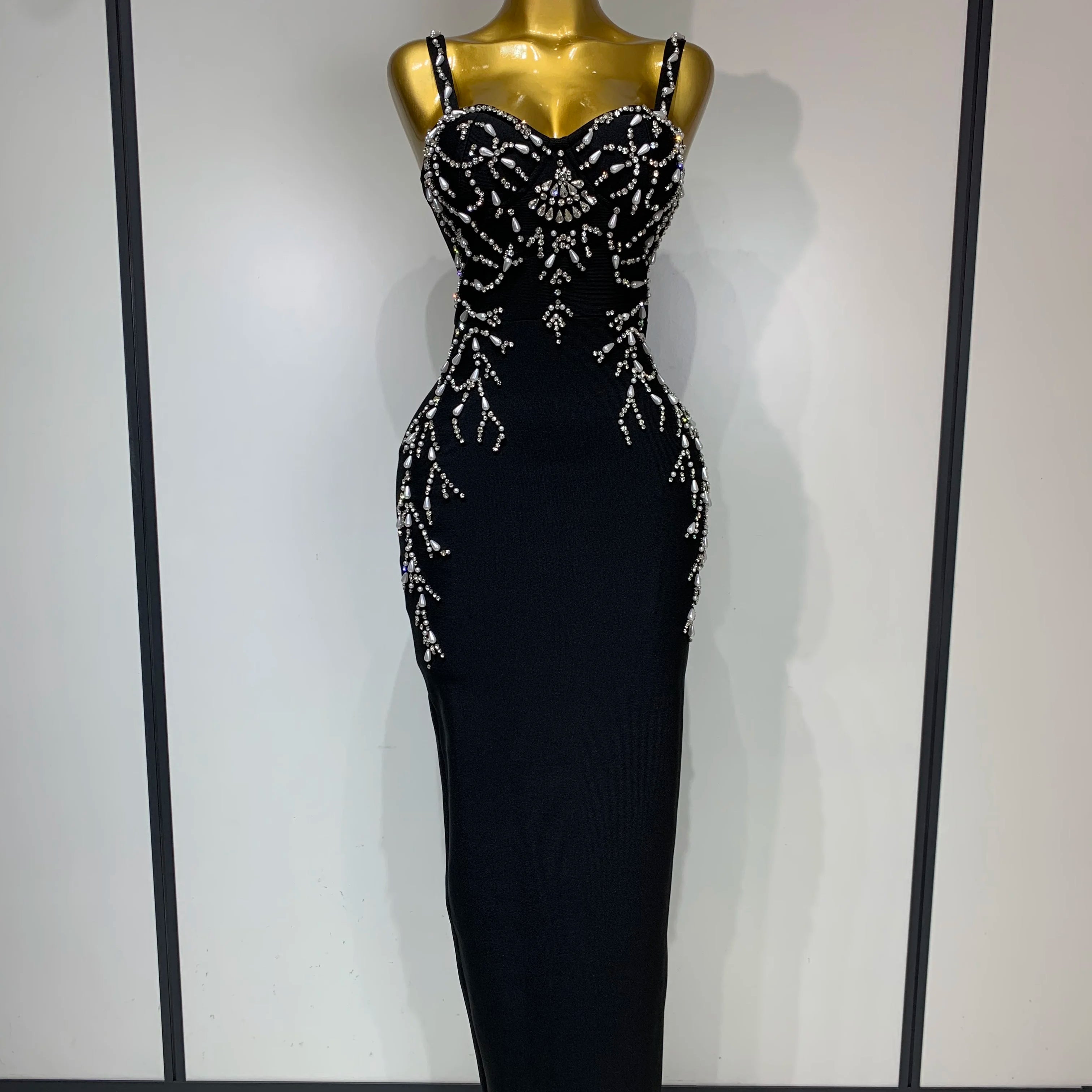 Women Sexy V Neck Black Beading Maxi Long Bodycon Bandage Dress 2025 Celebrity Elegant Evening Club Party Luxury Birthday Dress