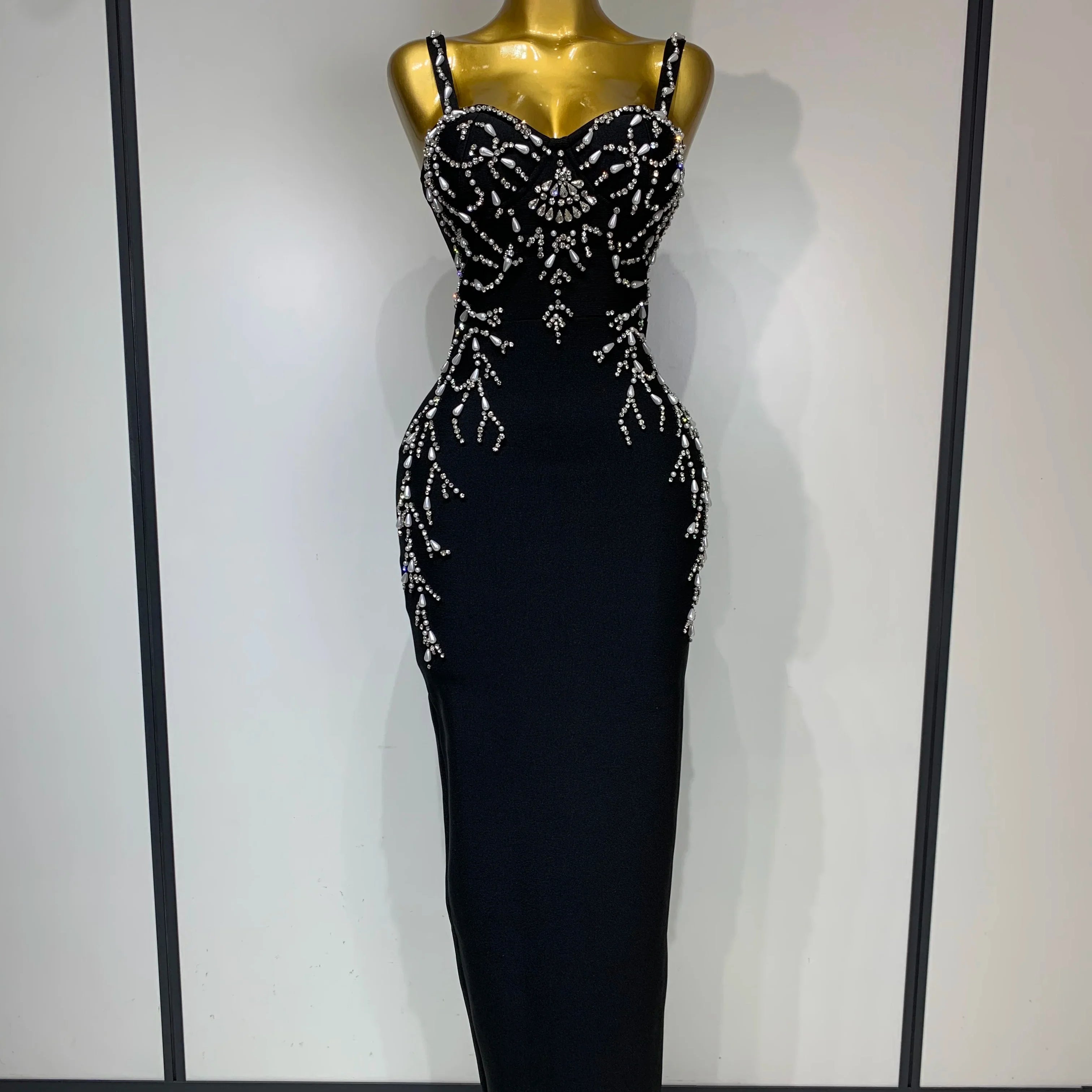 Women Sexy V Neck Black Beading Maxi Long Bodycon Bandage Dress  Celebrity Elegant Evening Club Party Luxury Birthday Dress