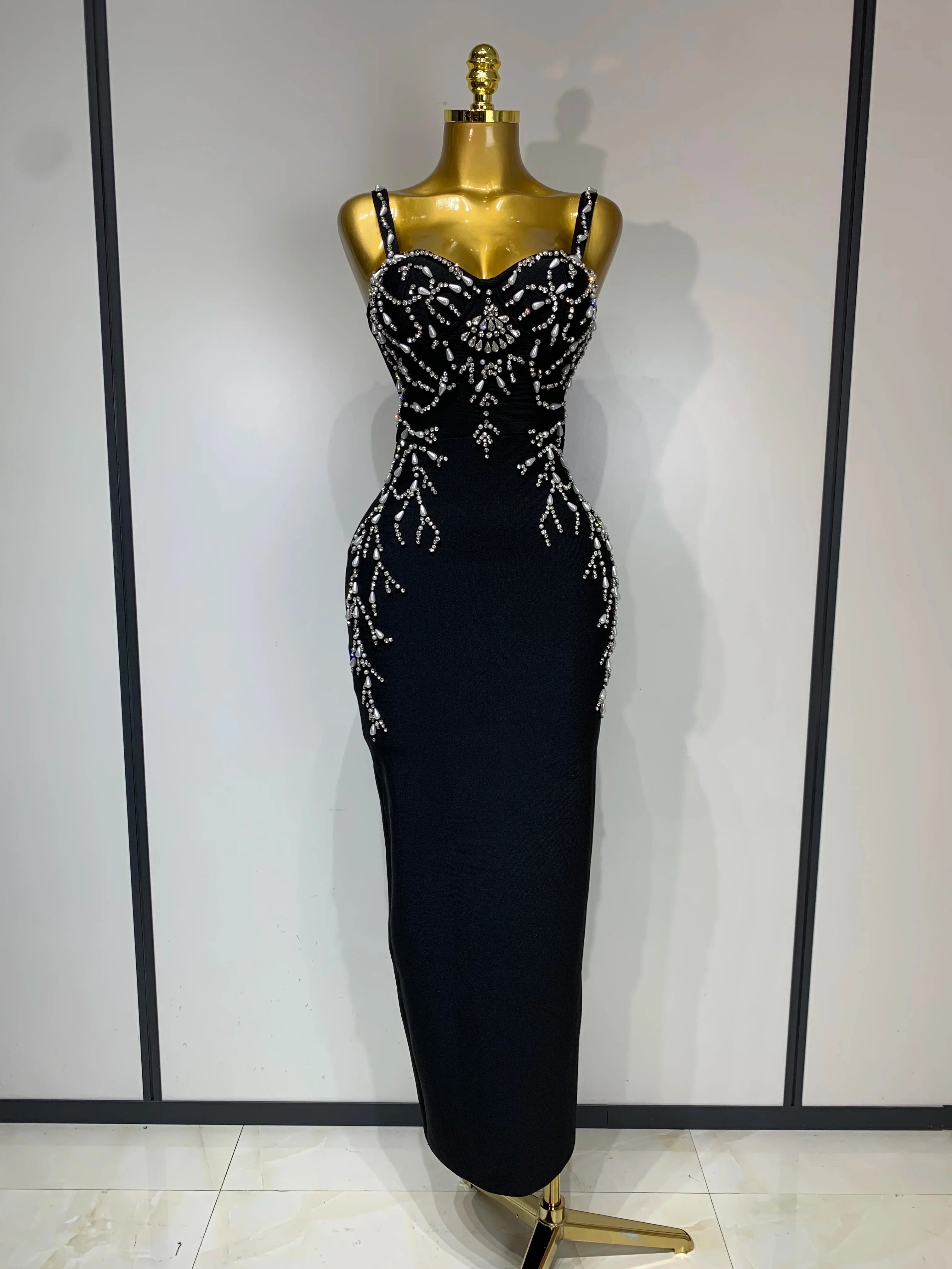 Women Sexy V Neck Black Beading Maxi Long Bodycon Bandage Dress  Celebrity Elegant Evening Club Party Luxury Birthday Dress