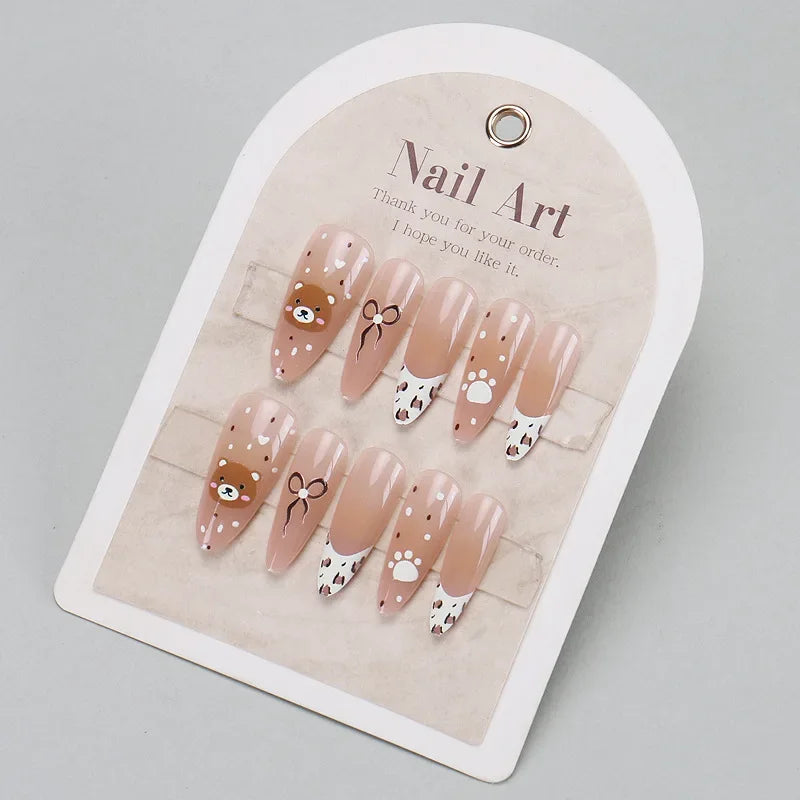30pcs Cartoon French Almond Fake Nails Nanicure False Nail Bear Bow Full-Coverage Nail Tips for Women&Girl Detachable Fake Nail