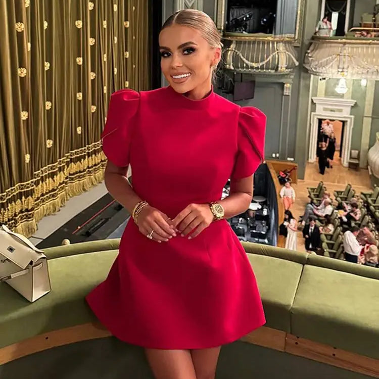 Fashion Red Bow Mini Dress Short Sleeve Women Pad Shoulder Dresses  Backless Hollow Out Ladies Summer Chic A-line Party Vestidos