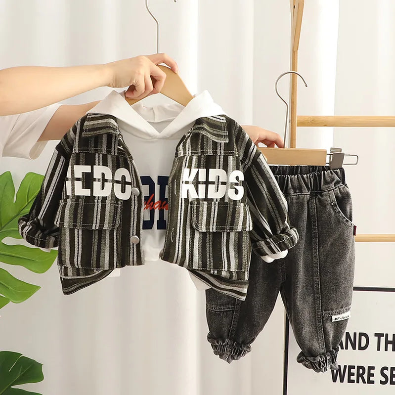 Baby Boy Cotton Clothes Spring Autumn Fashion Cowboy Trousers+Long Sleeve+Coat 3Piece Leisure Sports Stars Denim Clothes Suit AL04 Khaki