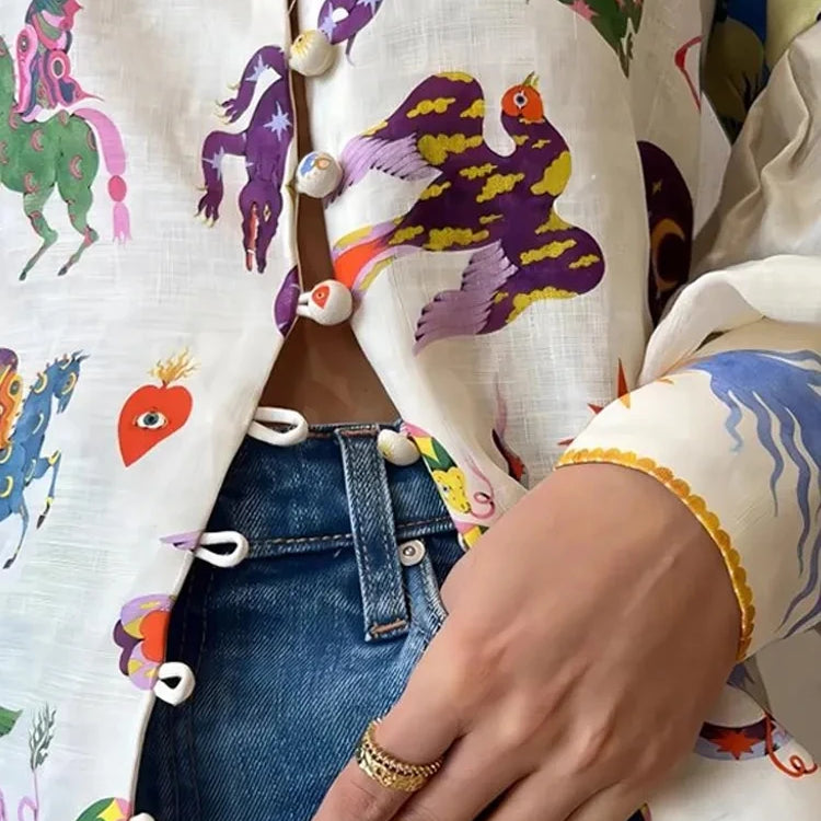 Women's Print Shirt Turn-down Collar Single Breasted Puff Long Sleeve Shirts Autumn Chic Office Lady Blusa Feminina Tops