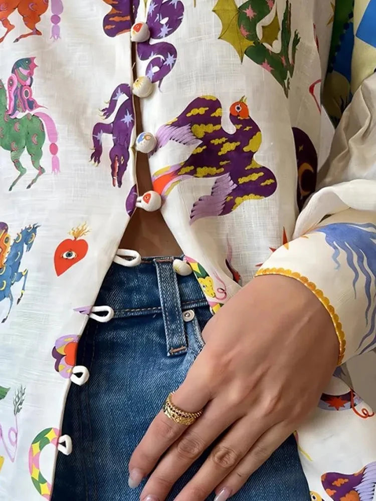 Women's Print Shirt Turn-down Collar Single Breasted Puff Long Sleeve Shirts Autumn Chic Office Lady Blusa Feminina Tops