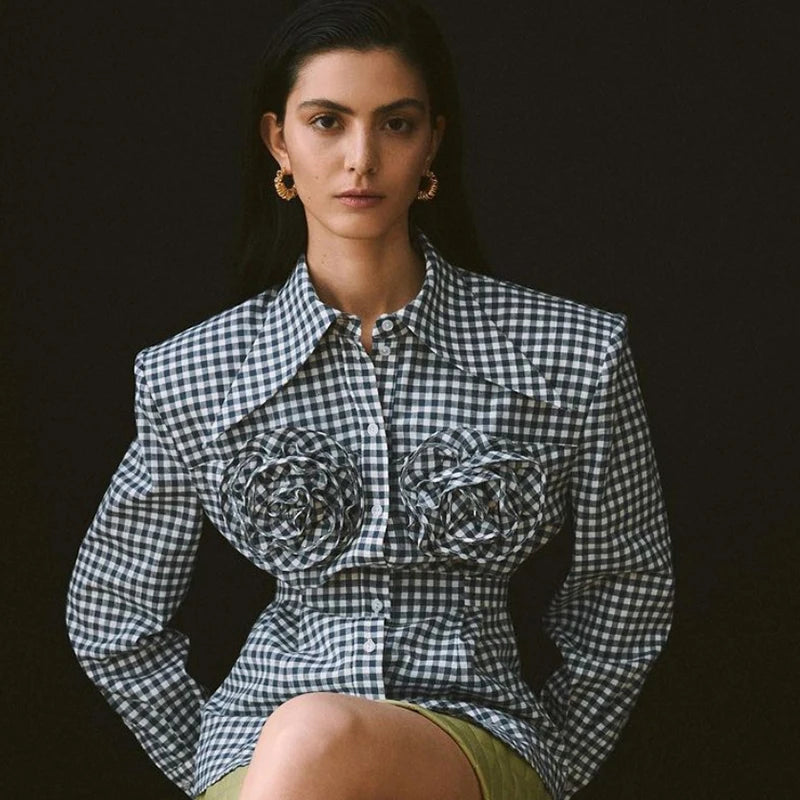 Fairy Grunge 3D Floral Plaid Shirt 90s Vintage Long Sleeve Lapel Button Women Shirt French Aesthetic Trendy Fashion Streetwear black