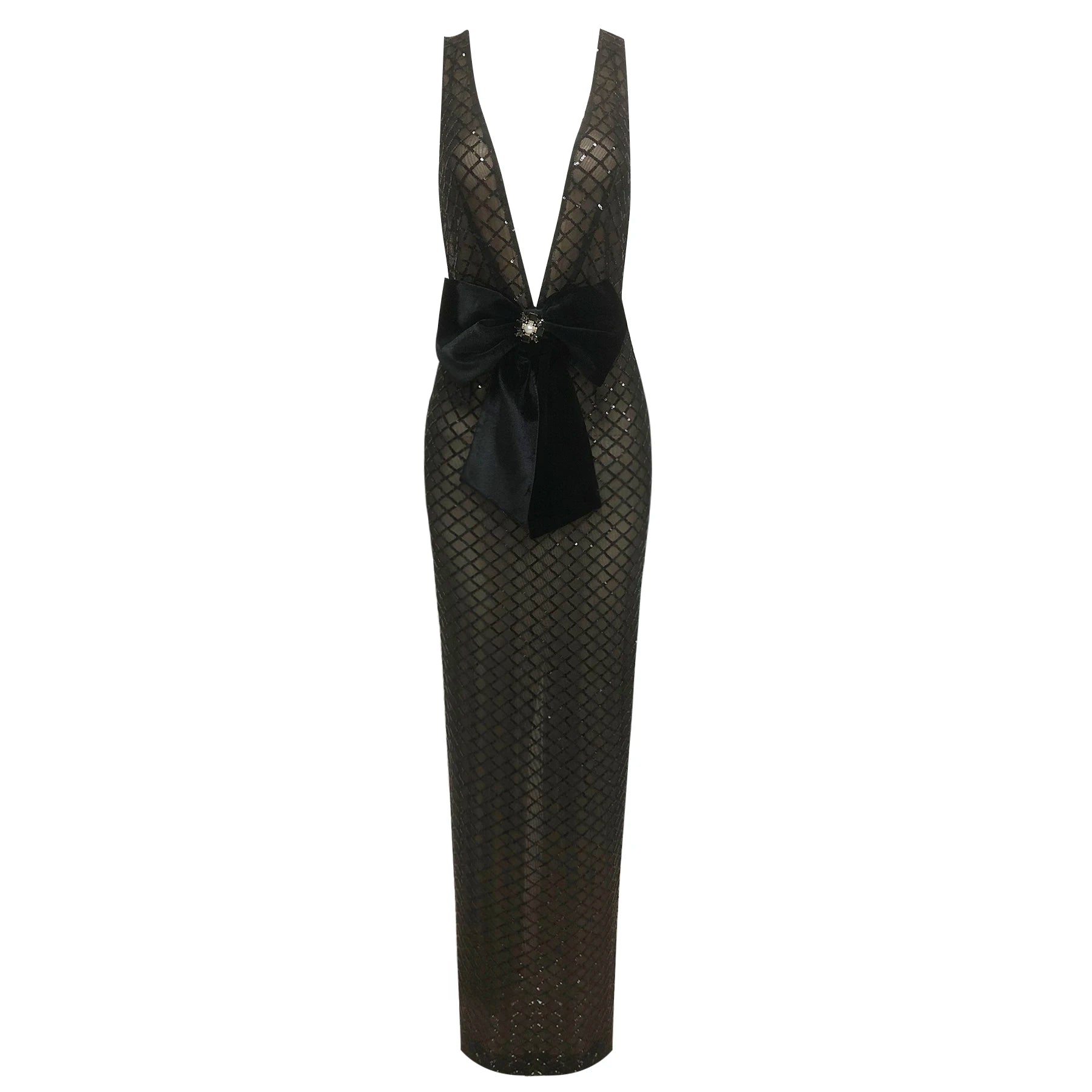 Black Bows Shining Sequin Sexy V-Neck Sleeveless Mesh See Through Long Dress Fashion Woman Evening Dress Celebrity Party Outfit