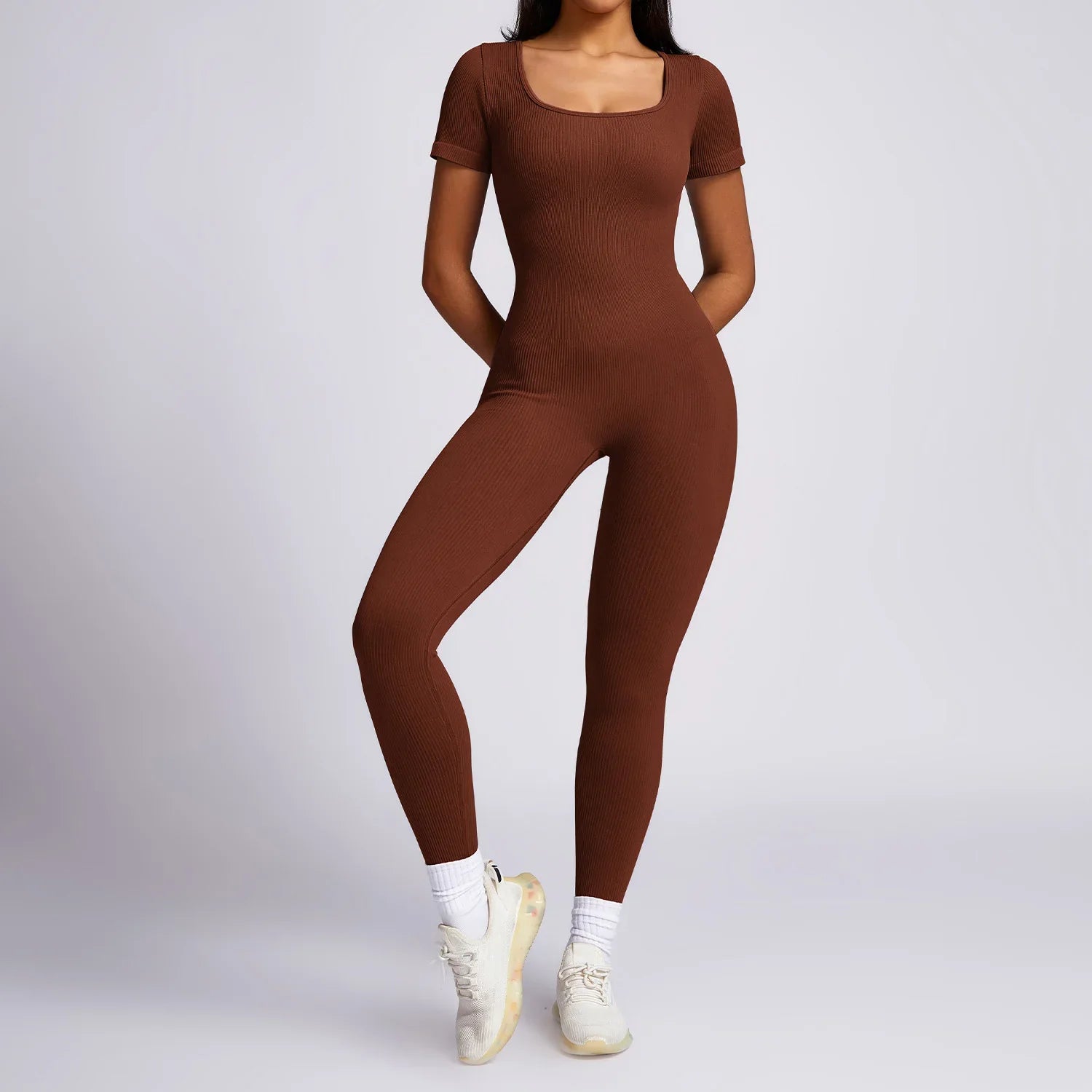 New Yoga Suits Fitness Outfit Female One-piece Jumpsuits Women Sporty Workout High-strength Thread Short-sleeved Fitness Suit brown