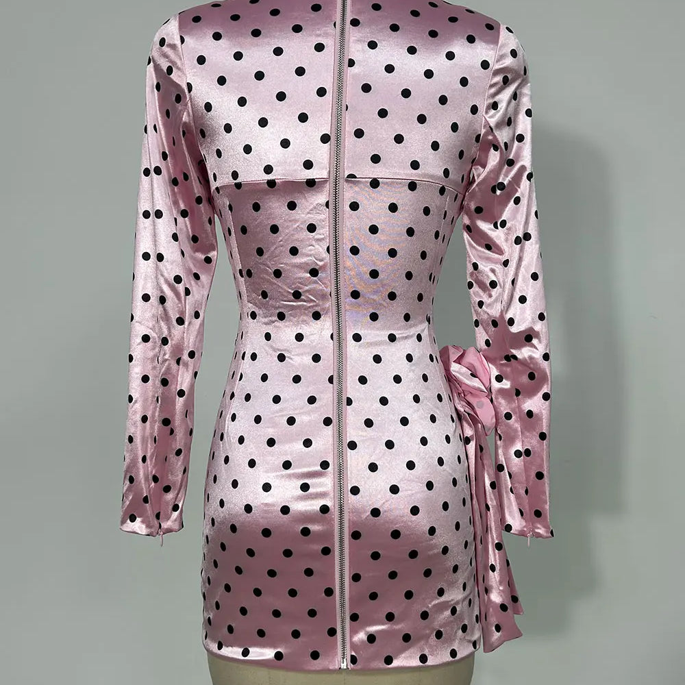 2025 Sexy Women'S Three-Dimensional Flower Patchwork Polka Dot Dress V-Neck Long Sleeved Draped Bodycon Pink Mini Dress Vestidos