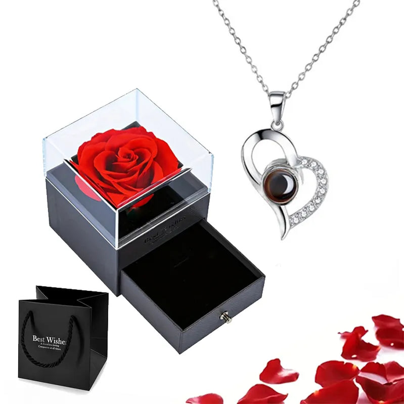 Projection Necklace Set With Rose Gift Box 100 Languages I Love You Heart Pendant Jewelry Accessories silver-01 45cm
