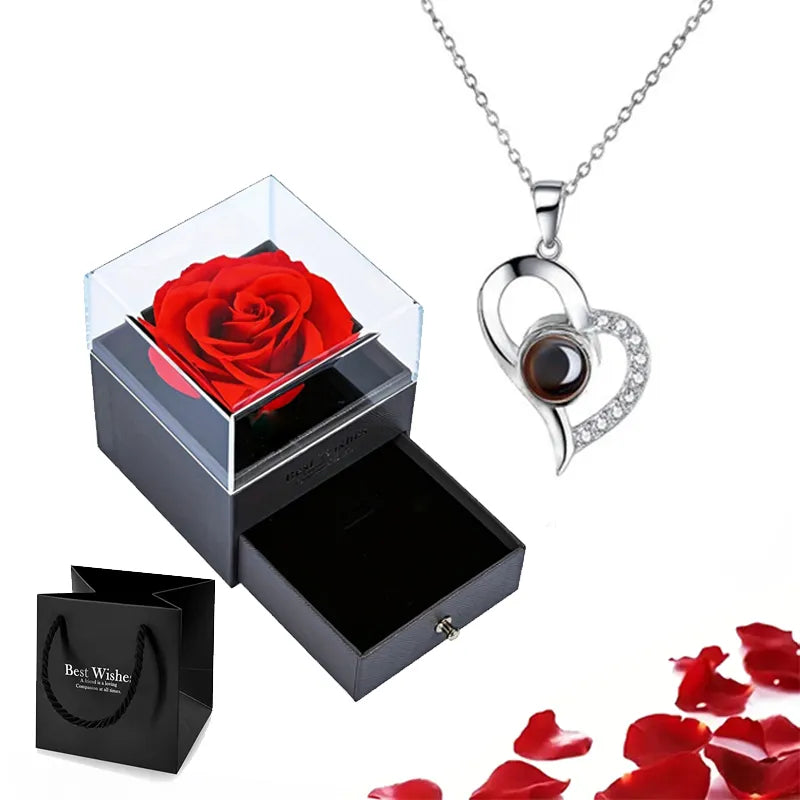 Projection Necklace Set With Rose Gift Box 100 Languages I Love You Heart Pendant Jewelry Accessories silver-01 45cm
