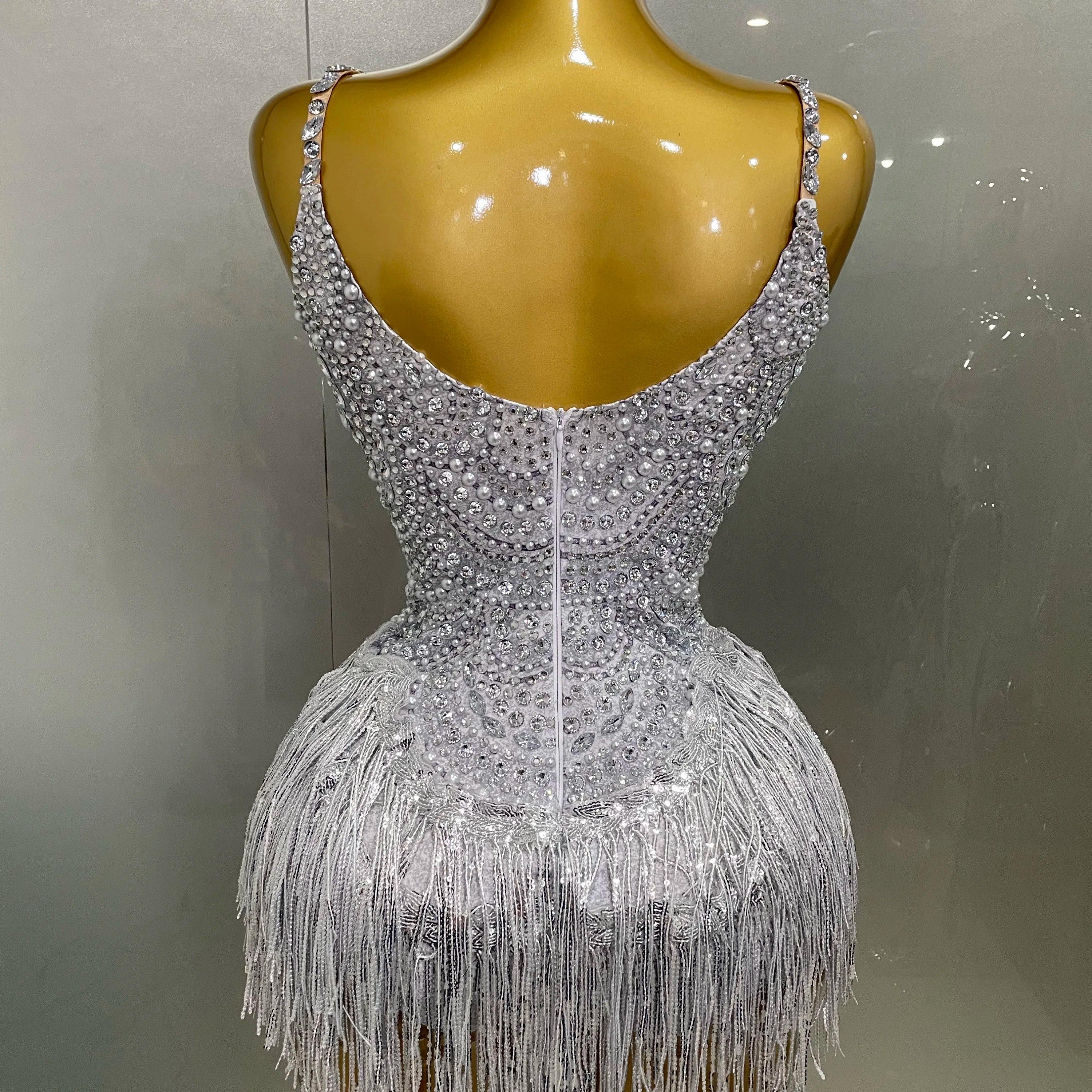 Sparkly Silver Rhinestones Pearl Tassels Bodysuit 2025 New Women Sexy Eveing Birthday Party Nightclub Stage Performance Costume