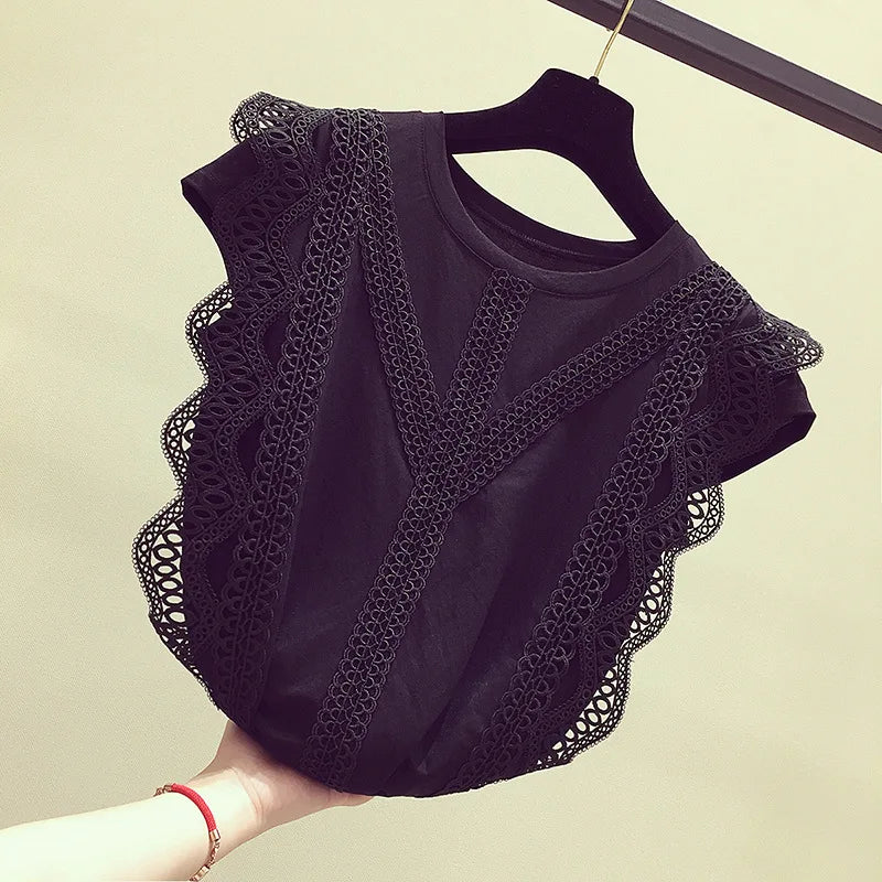Women Summer Tops Crochet Lace Tees Sexy Vintage Sleeveless Vest Tank 5XL T Shirts Loose Blouse Casual Tees black