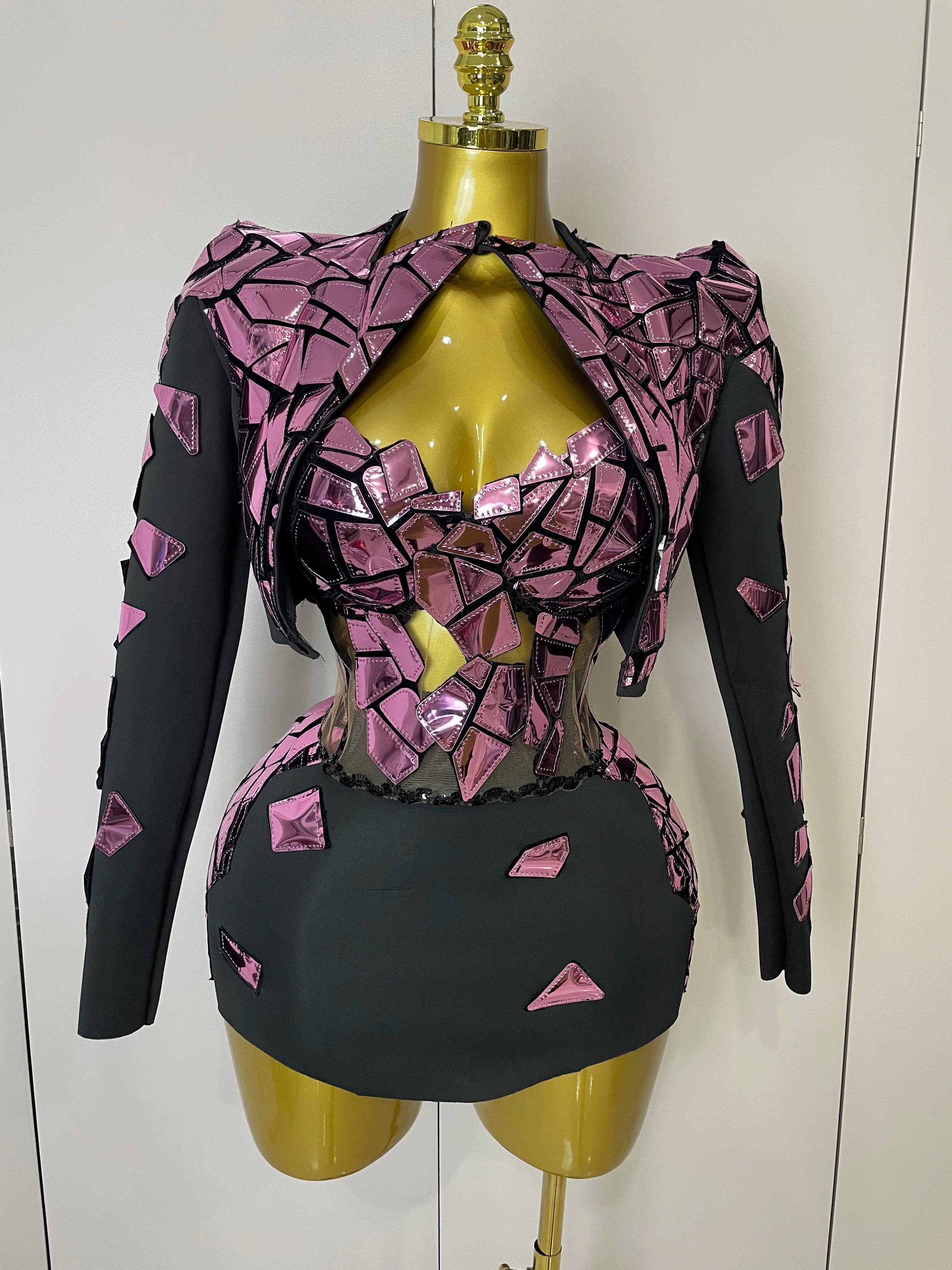 STOCK 2025 Women Sexy Pink Glitter Sequin Mirrors Short Skirt 3pcs Set Birthday Party Nightclub Queen Drag Stage Costume