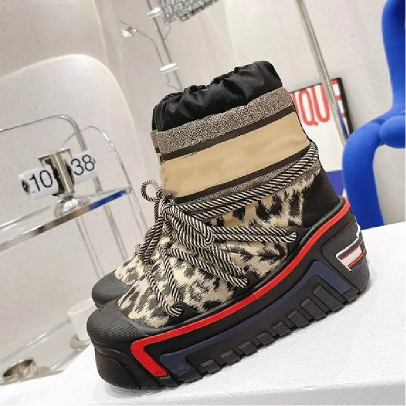 Leopard Print Women Snow Boots Waterproof Non-slip Designer Female Ankle Boots Platform Keep Warm Fur Ladies Winter Shoes as pic