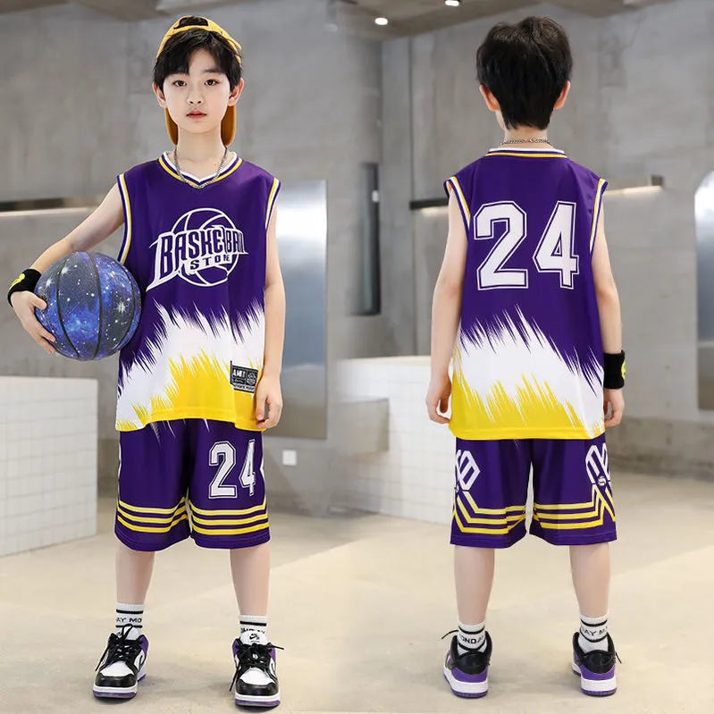 Boys Summer Quick-Dry Basketball Sports Suits 4-14 Years Boys Sleeveless Vset+Short Pants 2pcs Sets Kids Sports Outfits Clothing Purple