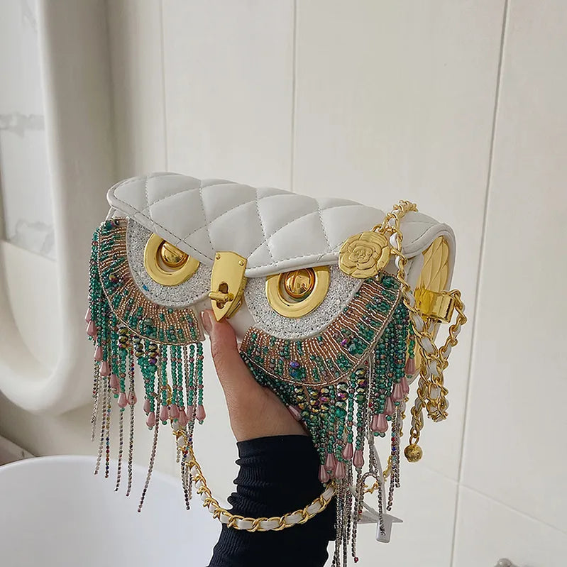 Högkvalitativ kvinnors väska Fashion Owl Purses and Handbags Chain One Shoulder Messenger Bag Luxury Designer Tassel Väskor för kvinnor