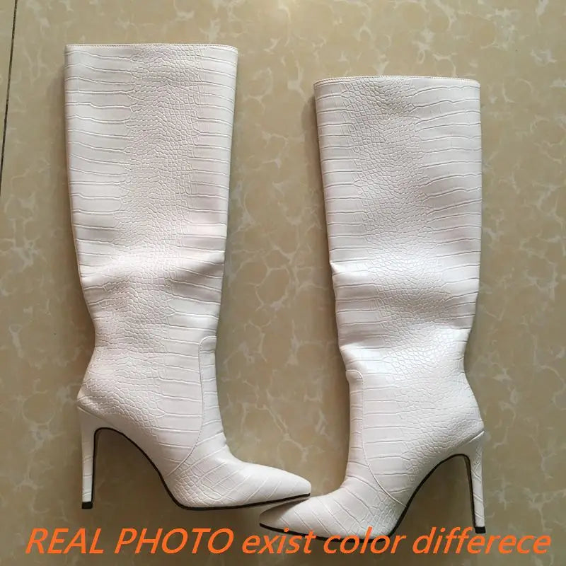 Size 43 Women Sexy Pattern Knee High Boots 2022 Autumn High-heel Pointed Toe Women's Shoes Black