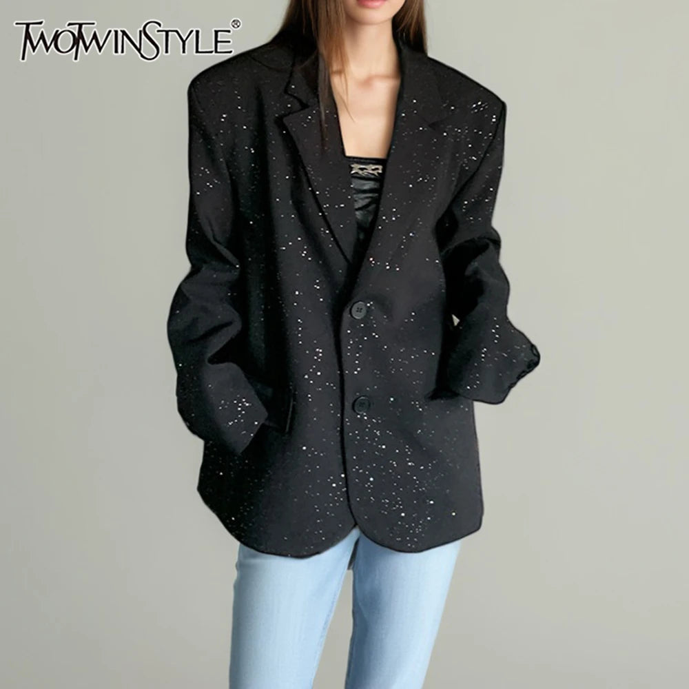 TWOTWINSTYLE Solid Loose Spliced Bead Fashion Blazers for Women Lapel Long Sleeves Patchwork Single Breasted Blazer Female New