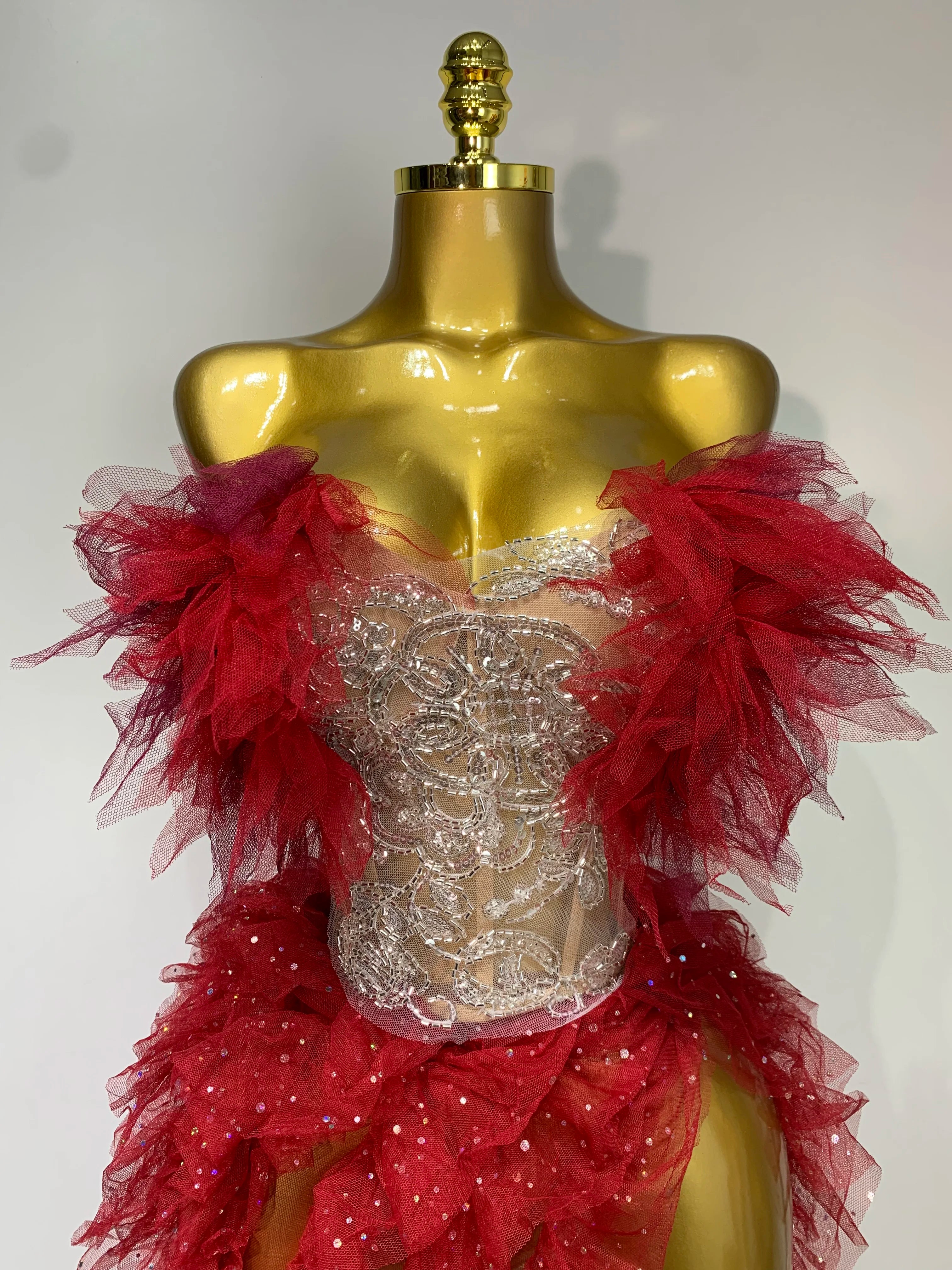 Women Sexy Strapless Mesh two Pieces Set Bodycon Long Dress High Split Nightclub Party Luxury Birthday  Singer Stage Outfit