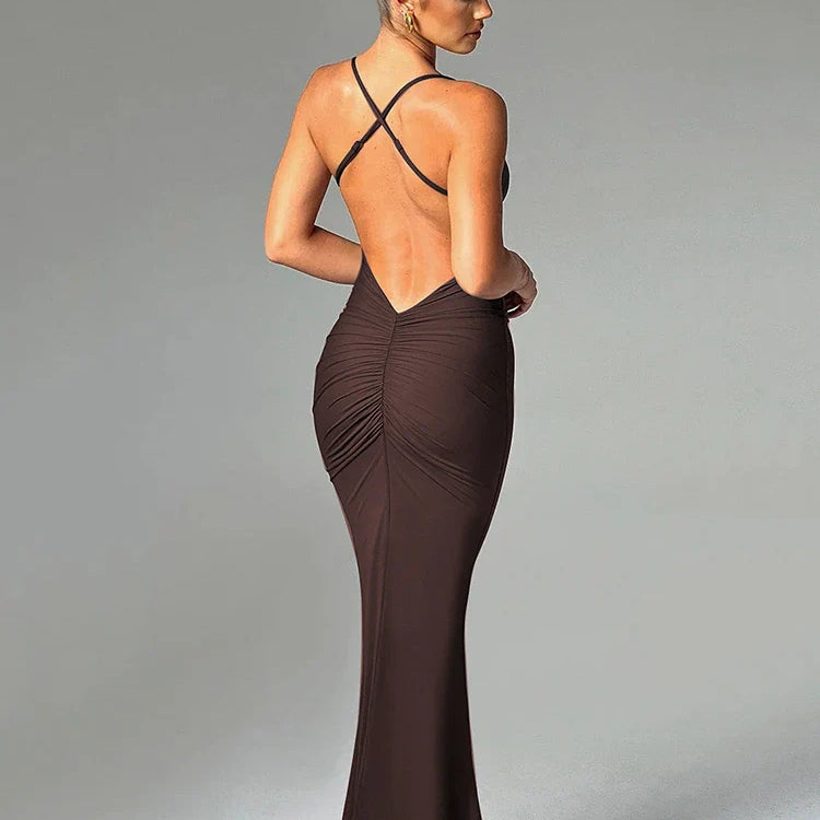Mozision Spaghetti Strap Backless Sexy Maxi Dress For Women Fashion Summer New Sleeveless Bodycon Club Party Long Dress Elegant Brown