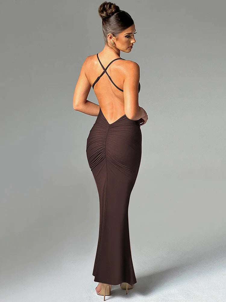Mozision Spaghetti Strap Backless Sexy Maxi Dress For Women Fashion Summer New Sleeveless Bodycon Club Party Long Dress Elegant Brown