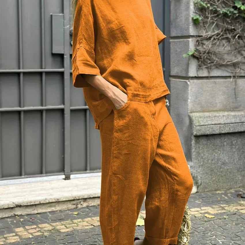Summer Fashion New Style Matching Series Round Neck Cotton Linen Top High Waist Wide Leg Long Pants Set Plus Size Women's Wear