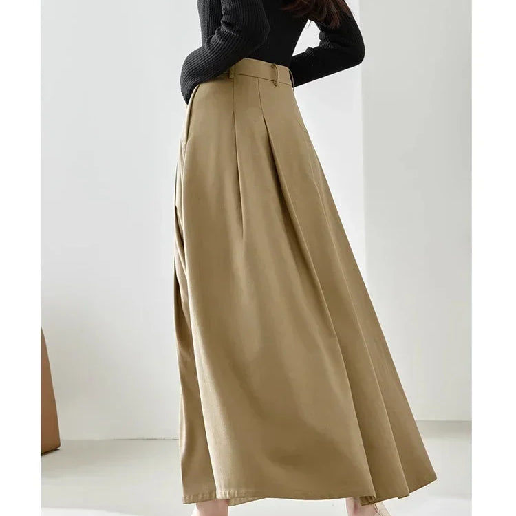 Vimly High Waist Swing Maxi Skirt for Women Spring Solid Elegant Office Lady Khaki A-line Long Skirts Womans Clothing M2689