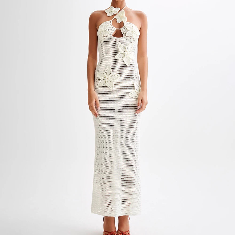 TWOTWINSTYLE Patchwork Appliques Knitted Dress For Women Halter Sleeveless High Waist Slimming Dresses Female Fashion Clothes