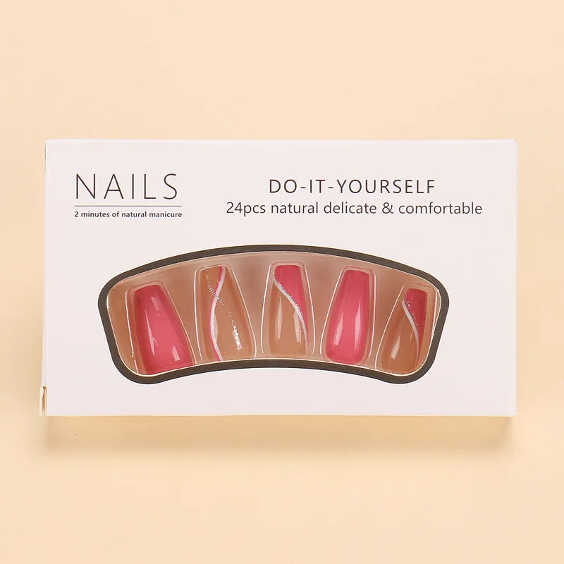 24pcs Rose Red Silver Powder Stripes Almond French Style Press on Nails Pink 3D Fake Nails Full Cover Wearable False Nails