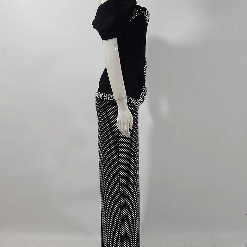 Women Sexy Off Shoulder Pearl Diamond Black Maxi Long Bandage Two Piece Set 2025 Elegant Evening Club Party Prom Gowns