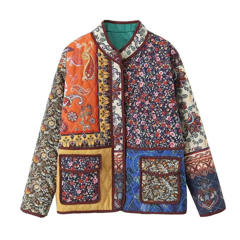 Floral Printed Cotton Jacket For Women Long Sleeve Patchwork Pocket Contrasting Colors Button Ethnic Causal Coat Floral