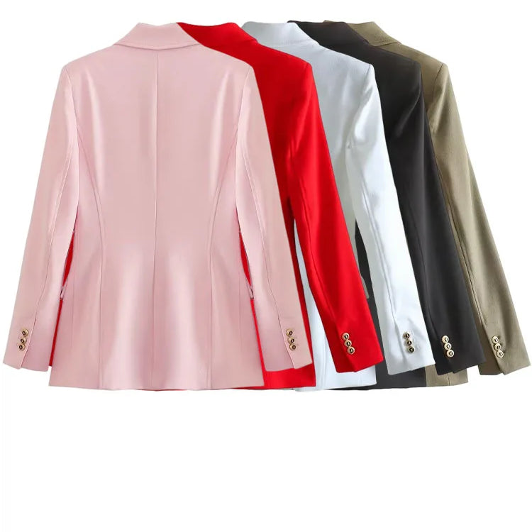 Women's Fashion Long Sleeve Lapel False Pocket Trim Blazer Women's Elegant Double Breasted Solid Color Suit Autumn