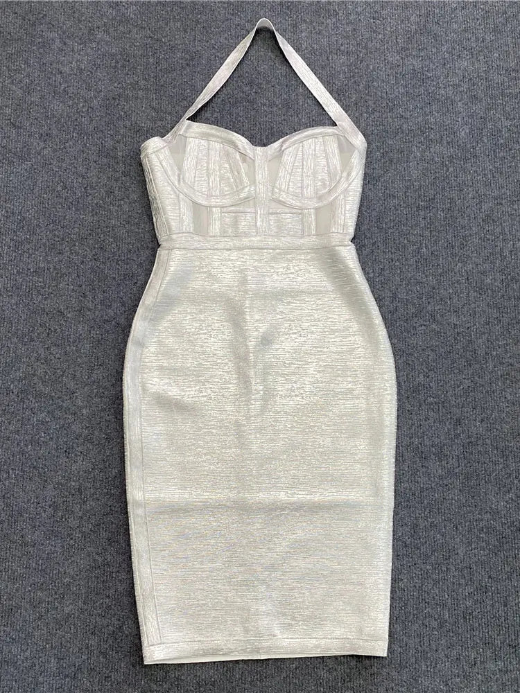 Sexy Summer Coated Bandage Dress Women Neck Hanging Sleeveless Bodycon Backless Mini Dress Celebrity Evening Club Party Vestidos