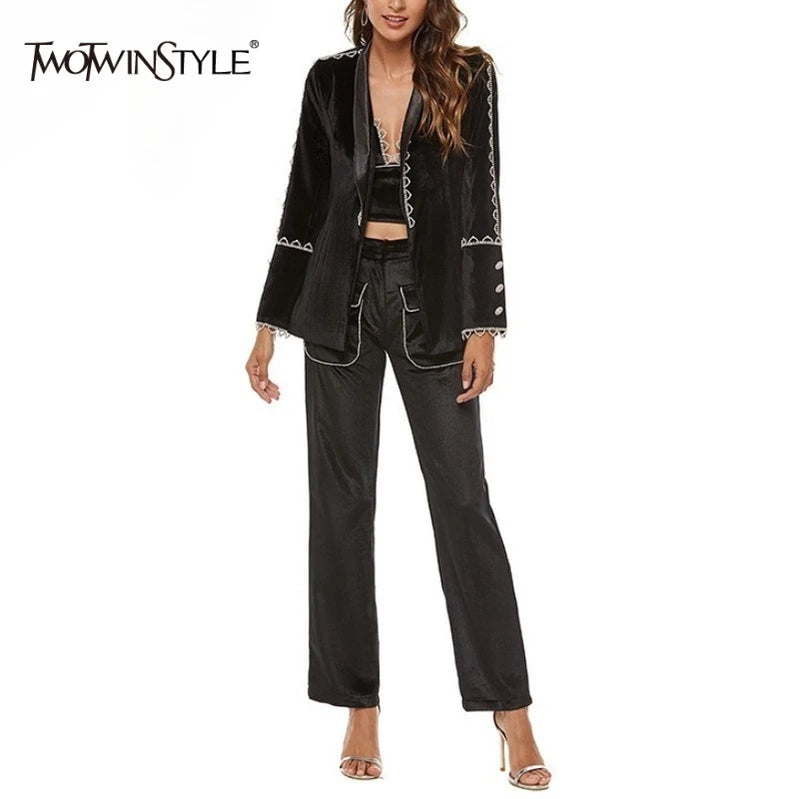 TWOTWINSTYLE Conjunto de três peças com contas sólidas emendadas para mulheres, lapela, mangas compridas, top com decote em V, sem mangas, colete, calças compridas, conjunto feminino