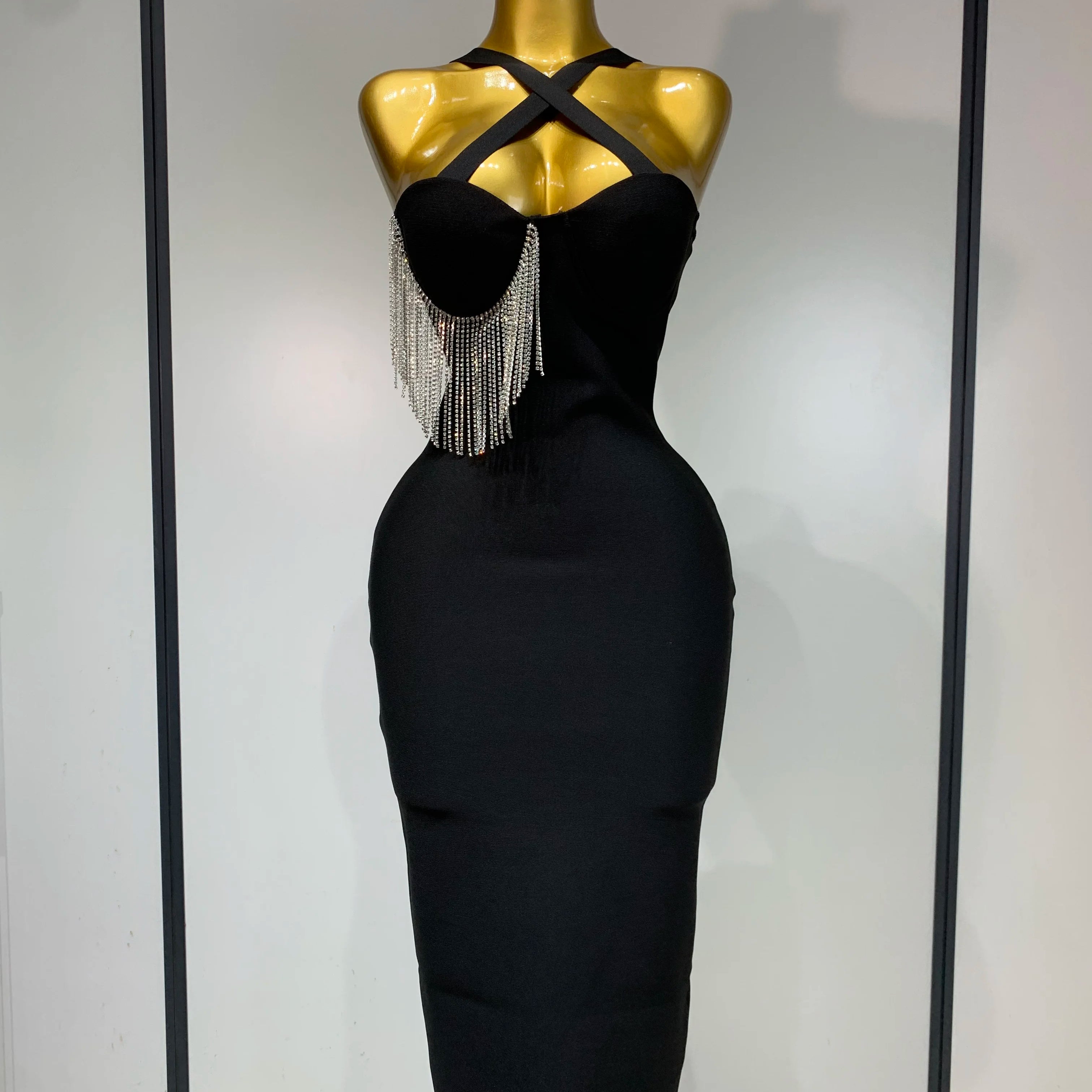 Women Sexy Diamonds Tassel Crystal Midi Black Bodycon Bandage Dress 2025 Elegant Evening Party Luxury Birthday Dresses Vestido