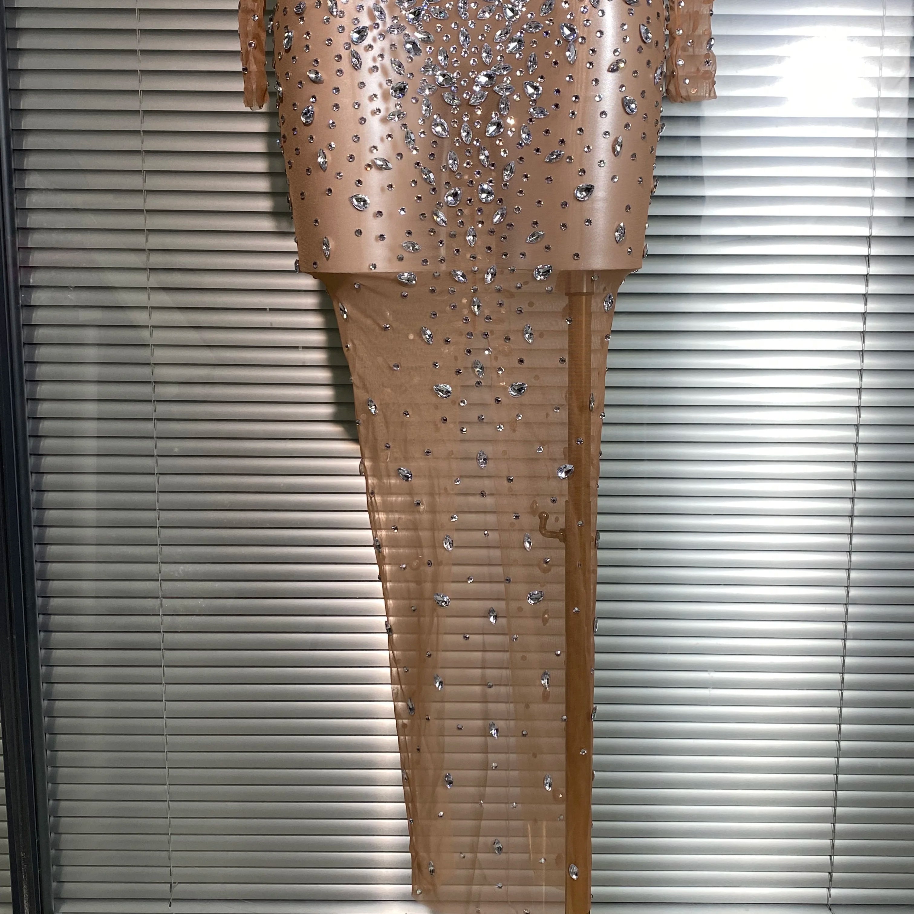 New Women Sexy Long Sleeve Mesh Sequins Maxi Dress See Through Skin Sheer Party Singer Party Costume Stage Performance Dress