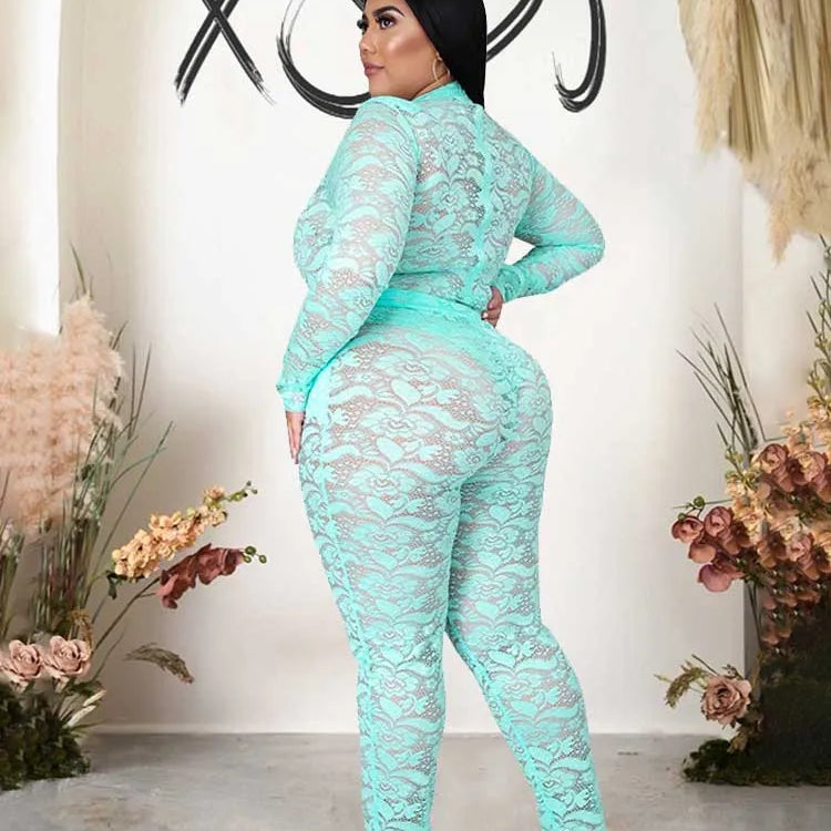 Chic and Elegant Woman Set Night Club Wear Plus Size Women Hot Outfit Transparent Lace Bodysuit and Pants Sexy Festival Outfit