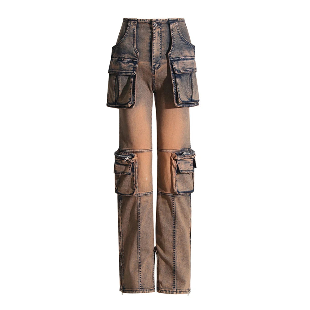 Solid Patchwork Pockets Casual Denim Trousers For Women High Waist Spliced Button Streetwear Loose Cargo Jeans Female New COFFEE