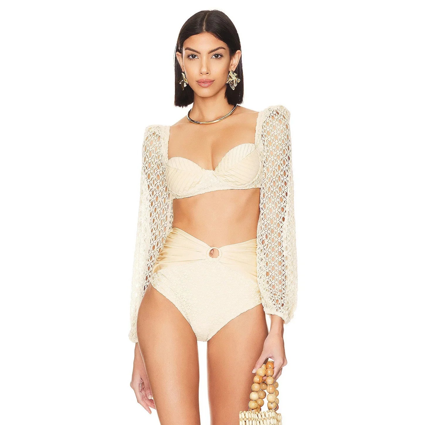 Knit Mesh Crochet Long Sleeve Bikini Sets Cut Out Stretch Swimsuit Cover Up Luxury Swimwear Women's Beach Outfits Beachwear 2024
