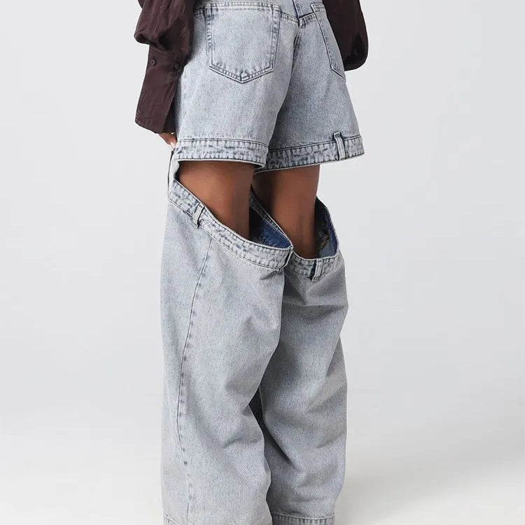 Spliced Zipper Hollow Out demin Jeans For Women High Waist Patchwork Pockets Wide Leg Jean Female Fashion Clothing