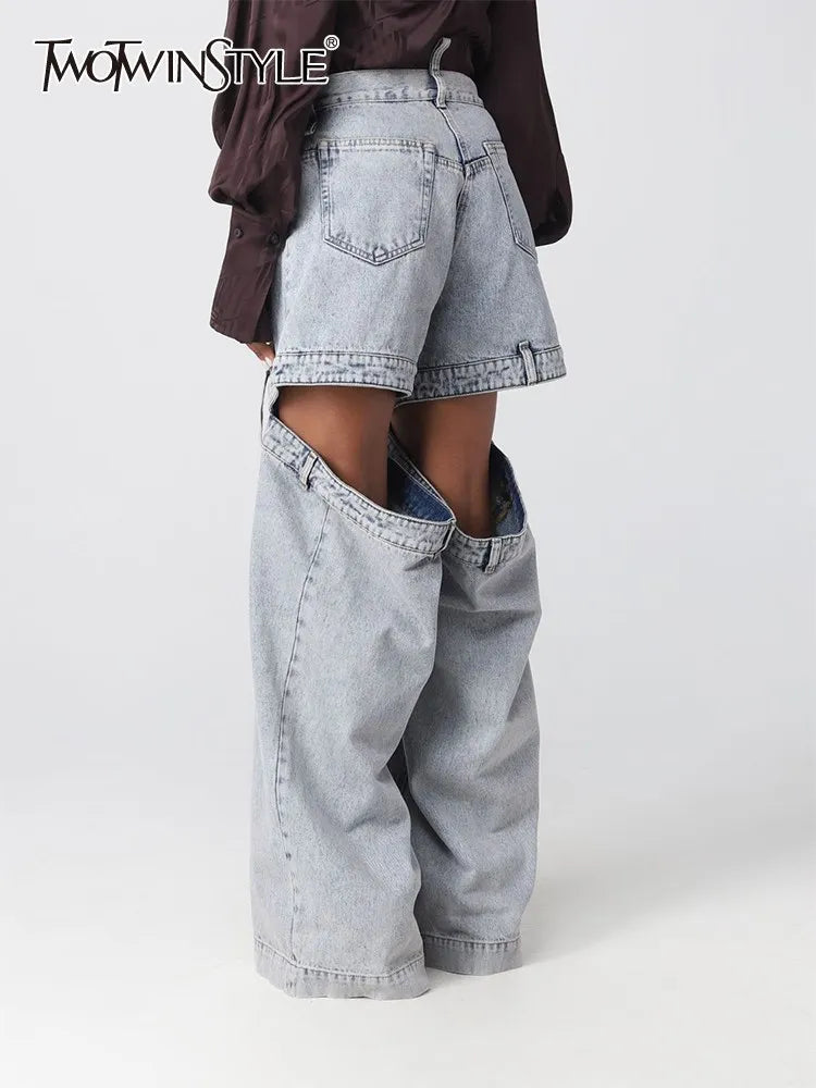 Spliced Zipper Hollow Out demin Jeans For Women High Waist Patchwork Pockets Wide Leg Jean Female Fashion Clothing