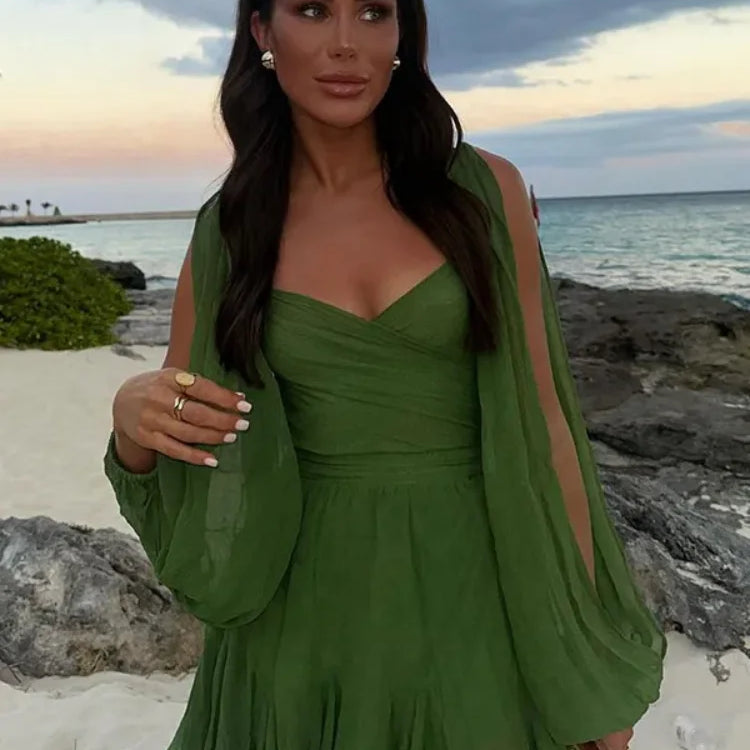 Chiffon Green Ruffles Mini Dresses Women Elegant Long Sleeve A Line Beach Robe Fashion Lady Ruffles Holiday Summer Party Vestido