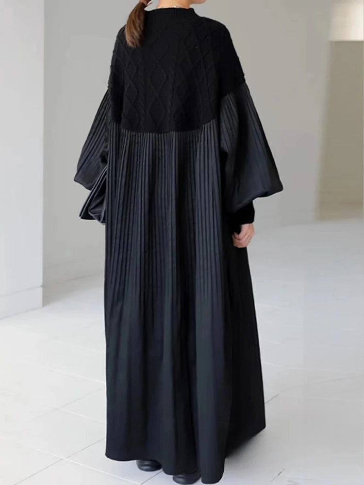 Vintage Black Hollow Out Knitted Patchwork Long Sleeve Pullover Dress Casual Loose Mid Long Vestidos Autumn Winter