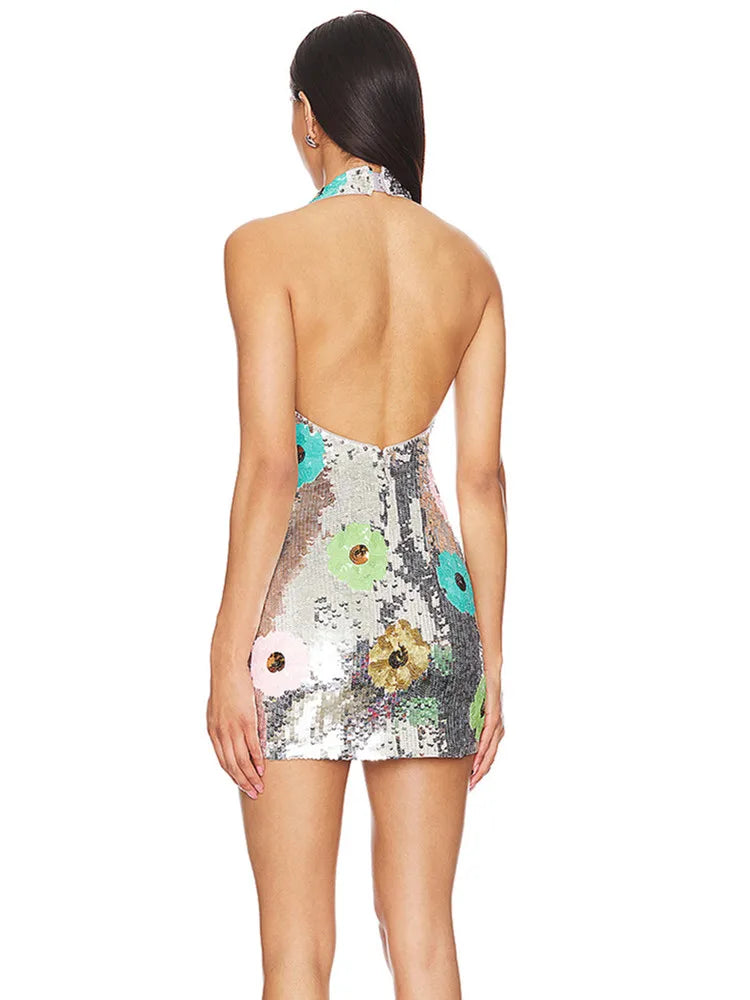 Luxury Women Celebrity Sexy Backless Halter Leaf Mesh Sequins Mini Gowns Dress 2025 Elegant Evening Party Club Vestido