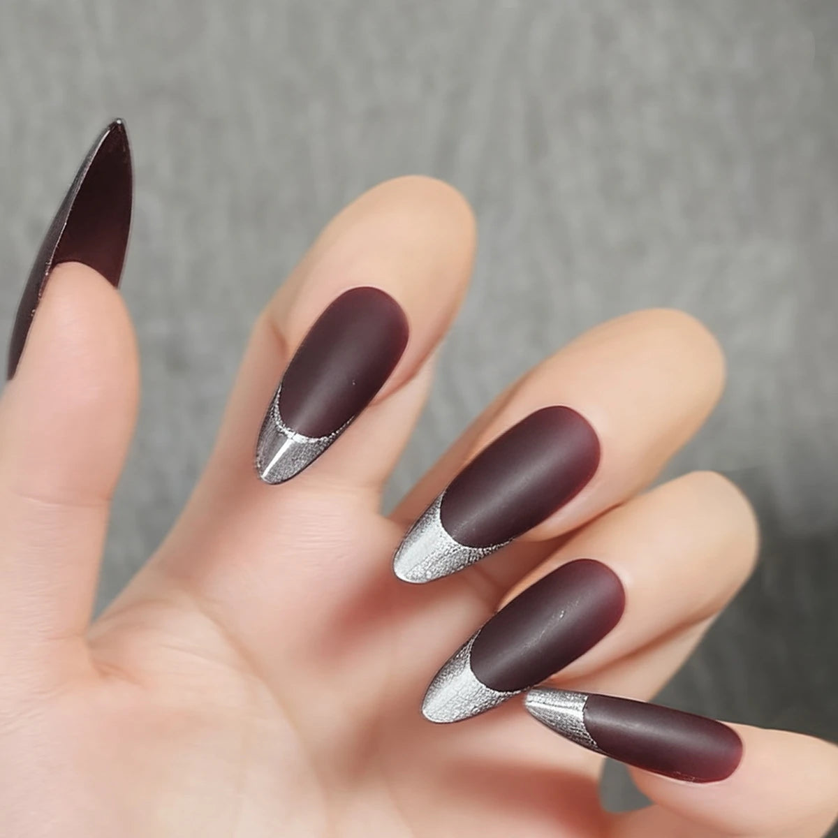 Brown Long Almond Fake Nails 30Pcs Silver French Press On Nails Autumn Glossy/Frosted Wearable False Nails Charm Nails Art