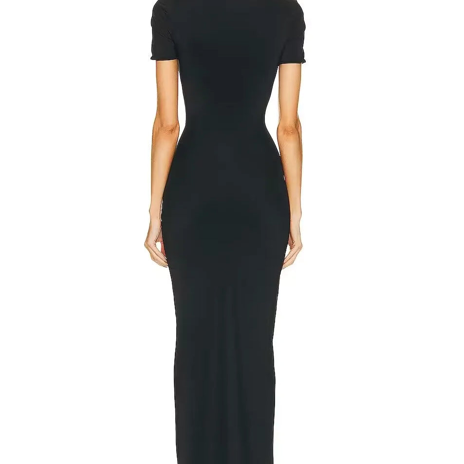 Metal Button Sexy Short Sleeve Hollow Out Tight Bandage 2023 Summer Women V Neck Celebrity Party Elegant Fashion Mid Dresses