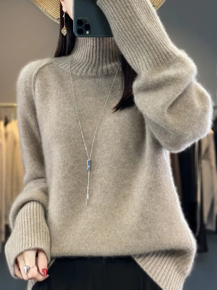 Women Turtleneck Sweater Autumn Winter Basic Pullover 100% Merino Wool Long Sleeves Cashmere Knitted Jumper Female Clothing Tops camel