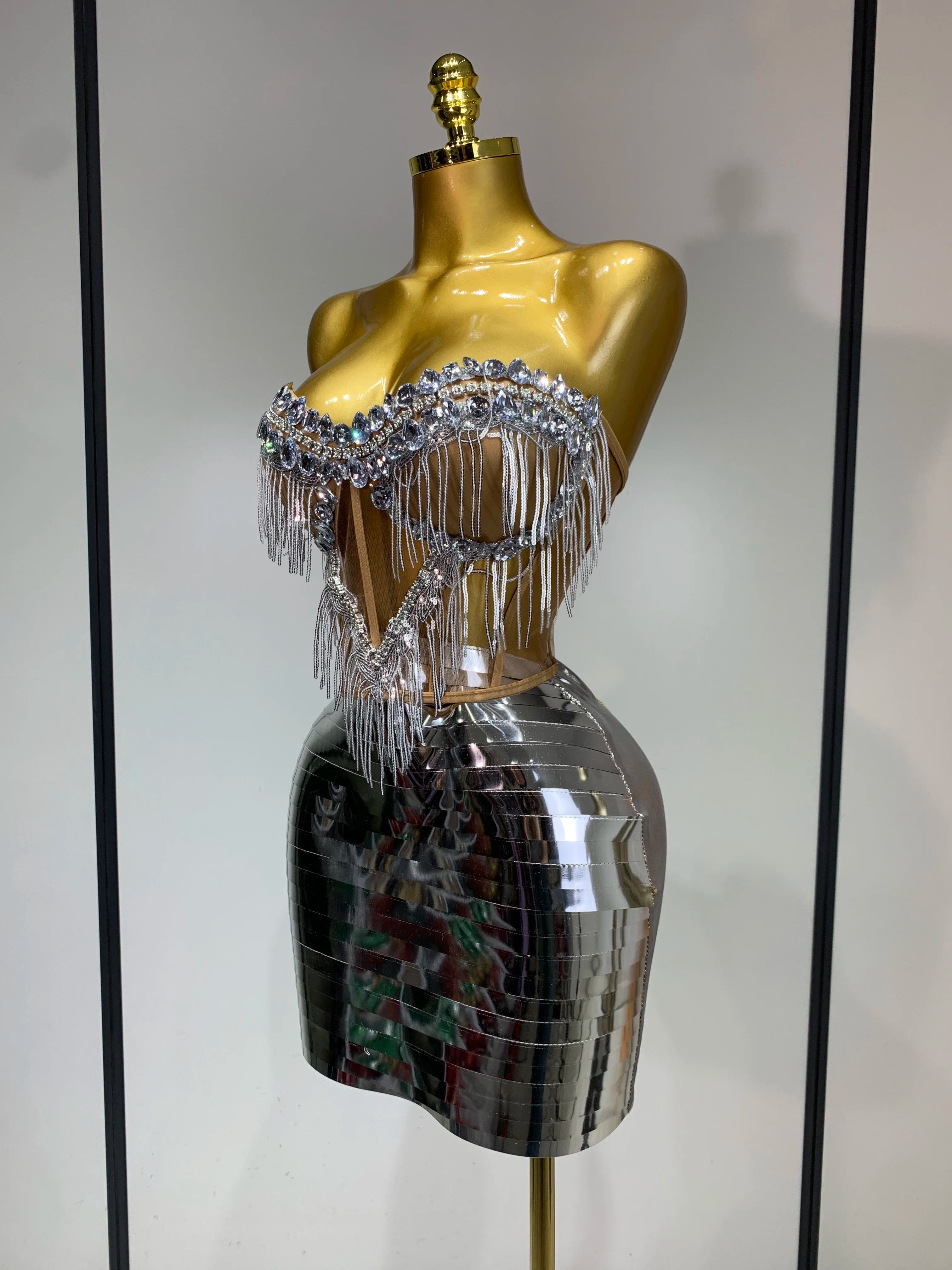 Sparkly Sliver Rhinstones tassels Top Skirt Two Piece Set Women Sexy Strapless Nightclub Birthday Evening Party Stage Outfit