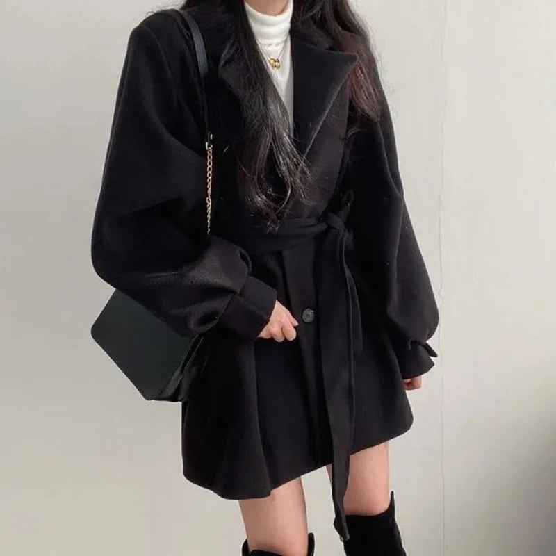 Women Woolen Lace-up Trench Coat With Pockets Turn-down Collar Buttons Long Sleeve TRAF Coat Overcoat Women Fall Winter BLACK